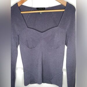 House of Harlow 1960 Dark Gray Sweetheart Ribbed Knit Long Sleeve Top – M